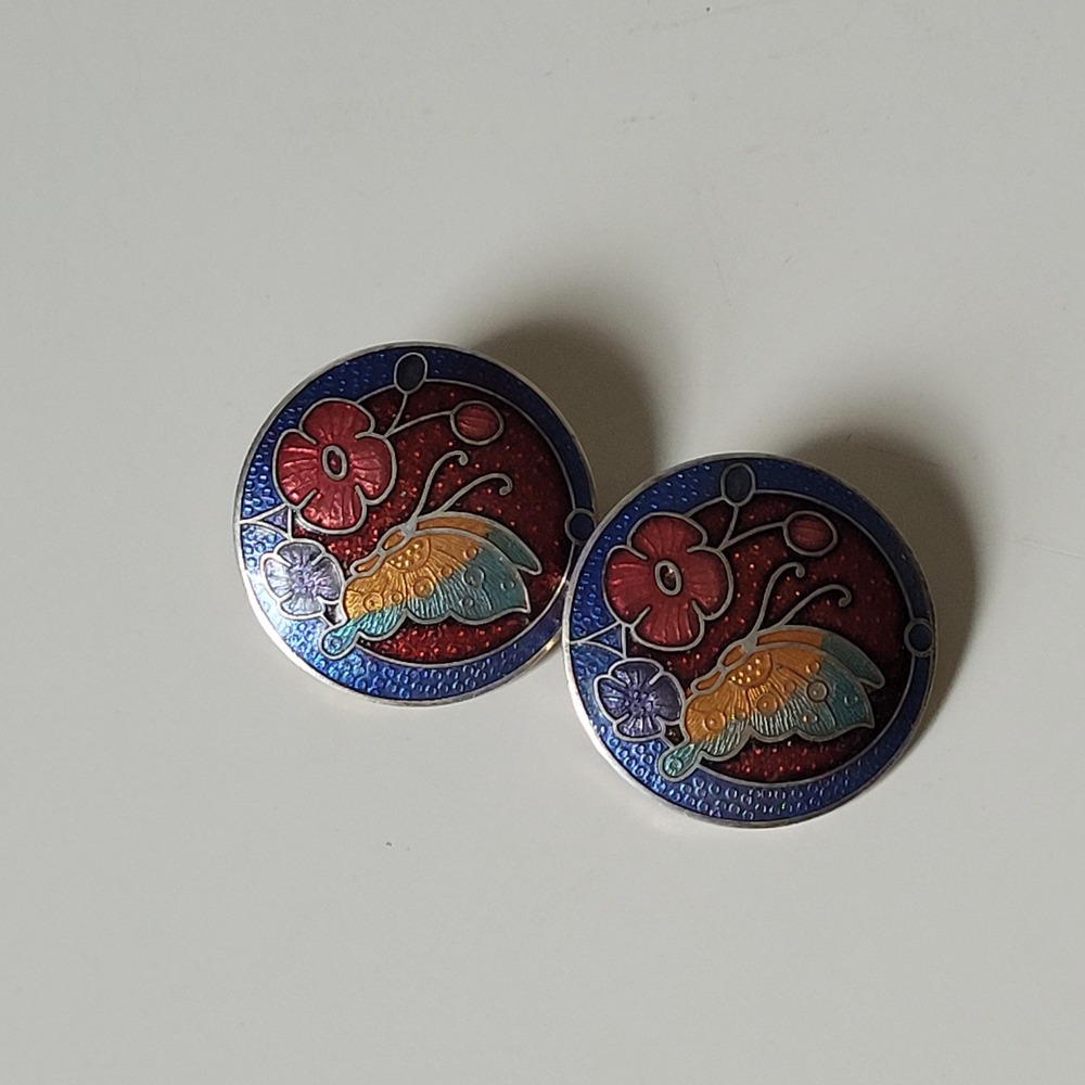 Vintage Cloisanne Butterfly Earrings Women's OS Multi Excellent Enamel Clip On